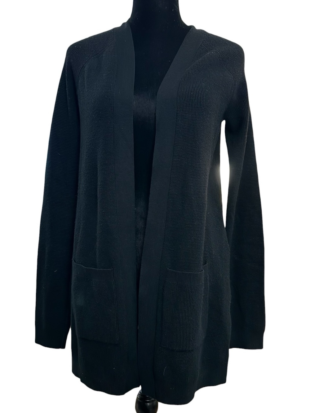 Cyrus Black XS Long Open Front Cardigan Sweater Quiet Luxury Minimalist